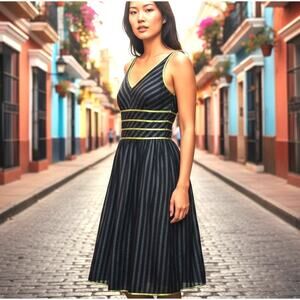 Bethany Dress 12P VTG Formal Black Stripe Sheer Lining Sweetheart W/ Straps LBD